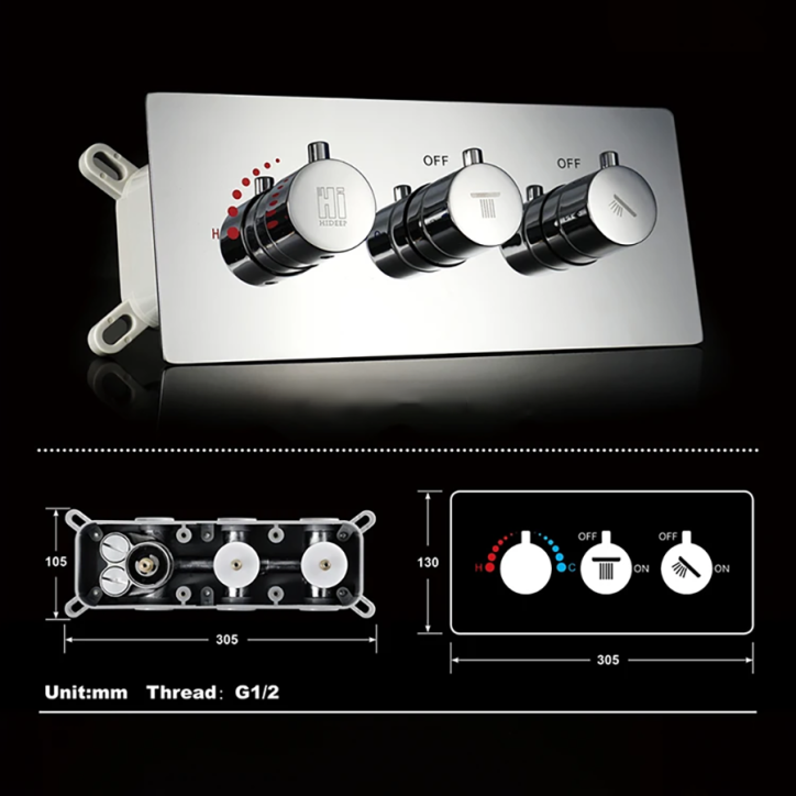 Mitigeur de douche thermostatique encastré 2 voies chrome, Petrus