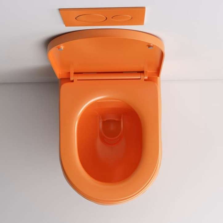 Toilette suspendu orange, design sans bride, bâti mural inclus