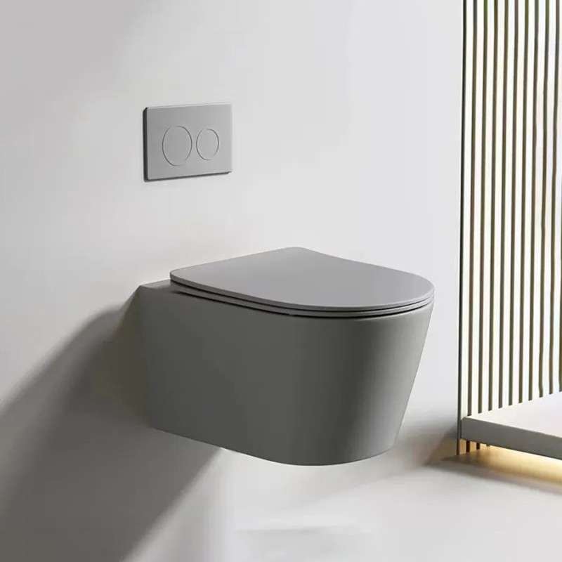 Toilette suspendu gris, design moderne, sans bride, bâti inclus, chasse 3/6L