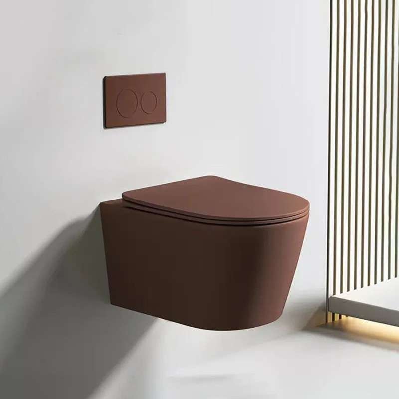 Toilette suspendu marron, design unique, sans bride, bâti inclus, chasse 3/6L