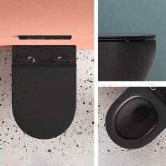 Toilette suspendu noir, design chic, sans bride, bâti mural inclus, chasse 3/6L