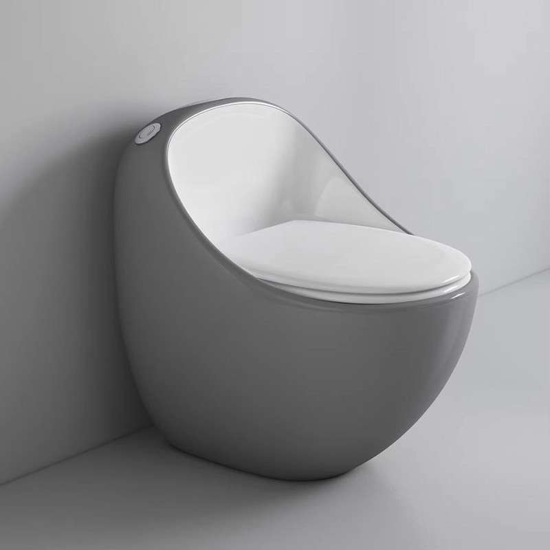 Toilette monobloc gris et blanc, design élégant, sans bride, chasse éco 3/6L