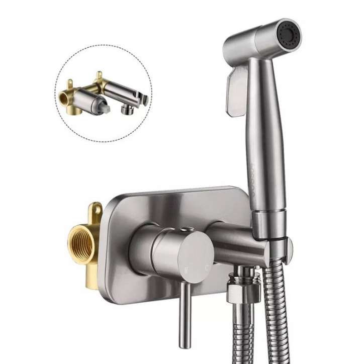 Douchette hygiénique eau chaude - eau froide, robinet de toilette nikel brossé