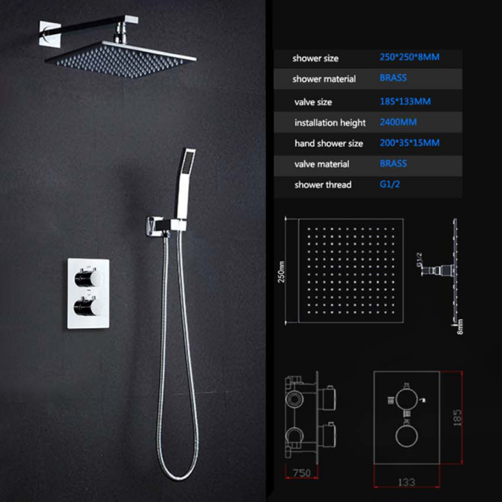 Douche thermostatique de  led encastrer chrome, Glascow