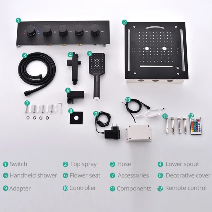 Ciel de pluie connecté led thermostatique noire ,Mako